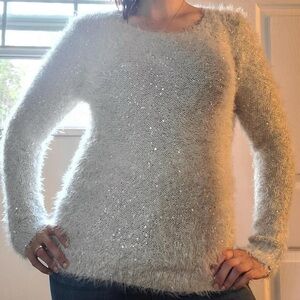Eyn Vintage Y2K Eyelash Knit Sequin Sweater - Fuzzy Shaggy Metallic Cream - Sz M